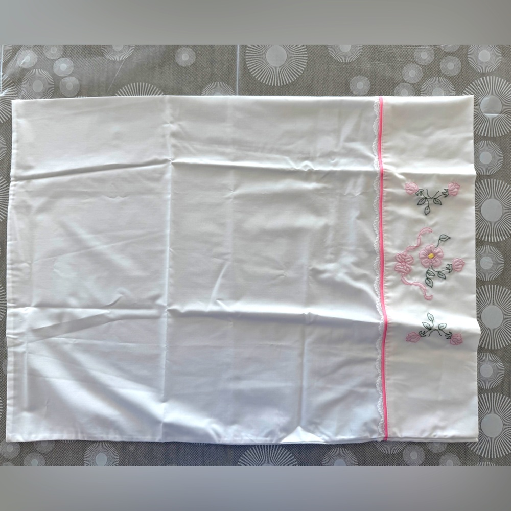 Vintage custom pink floral embroidered pillowcase 26x19